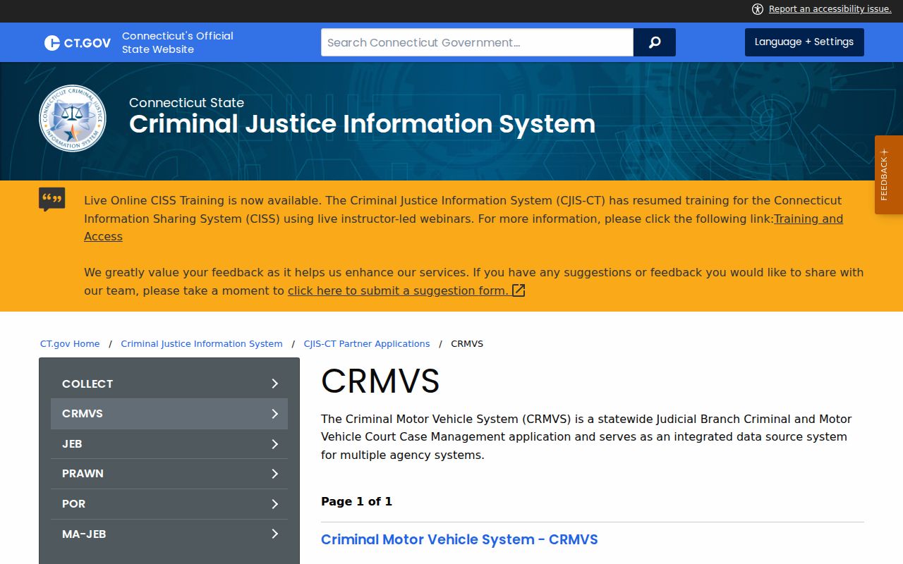 Connecticut data system supporting Tolland County outstanding warrant records