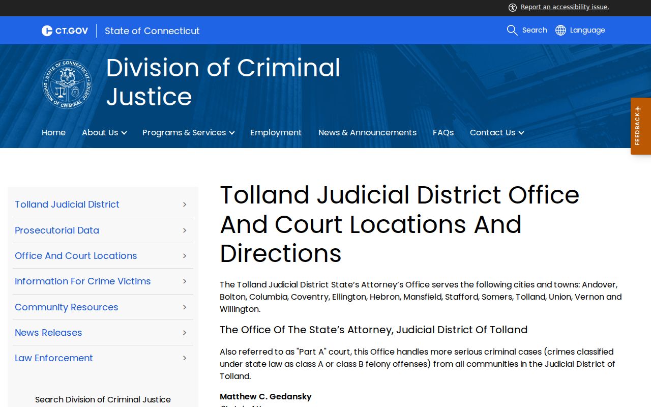 Official Tolland Judicial District Part A and Part B court locations