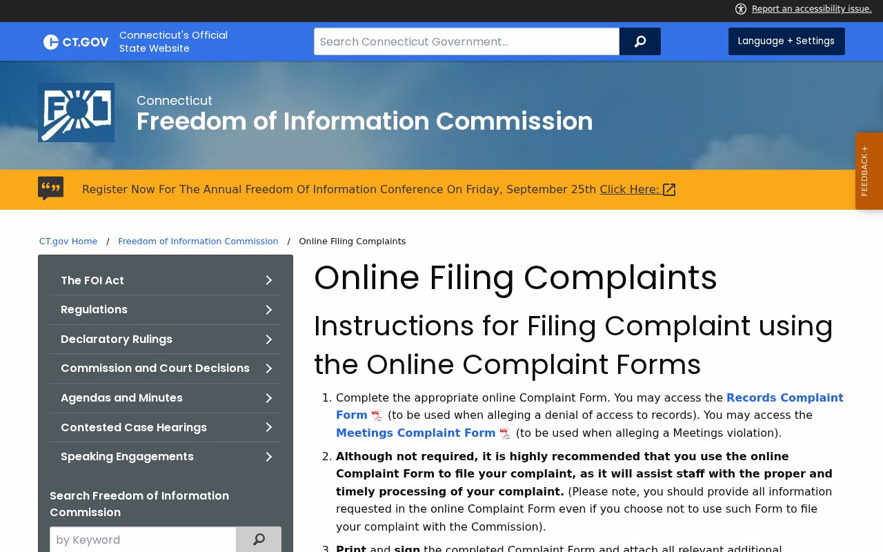 Tolland County warrant records FOI online complaint instructions