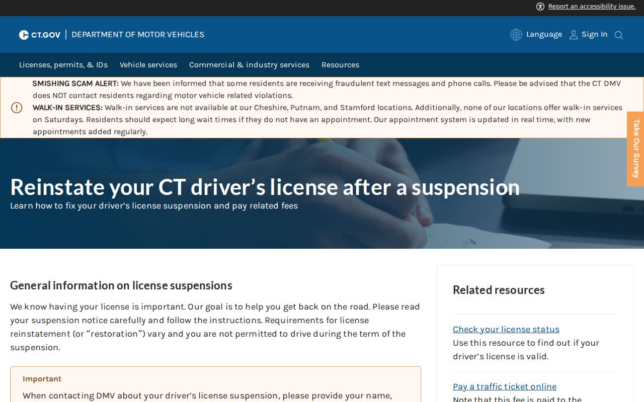 Connecticut DMV unpaid-ticket suspension and reopening instructions