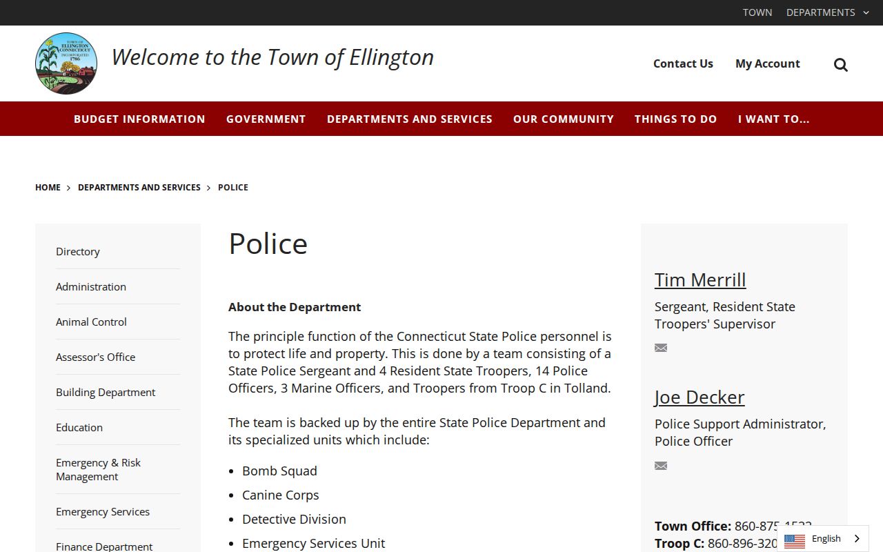 Ellington warrant search police and resident trooper contact page