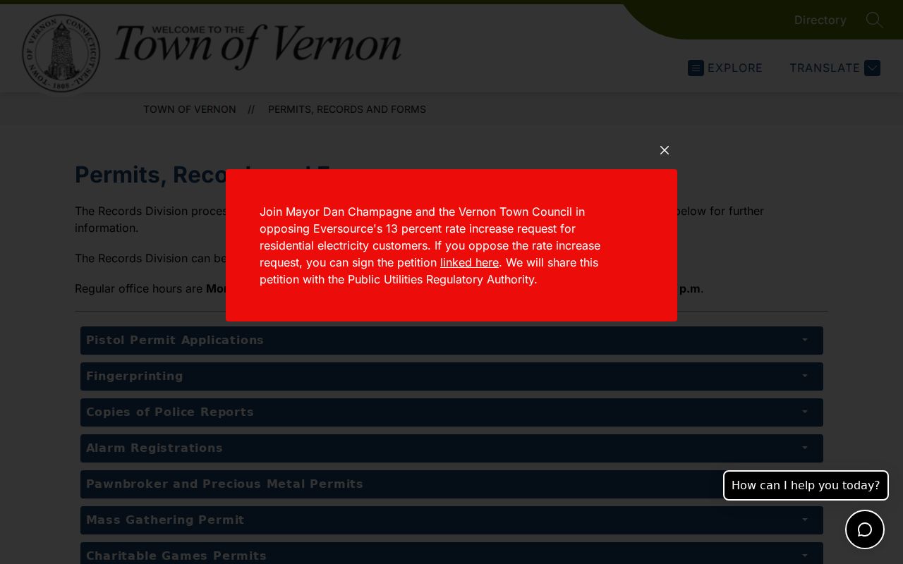 Vernon Police official forms and records contact page