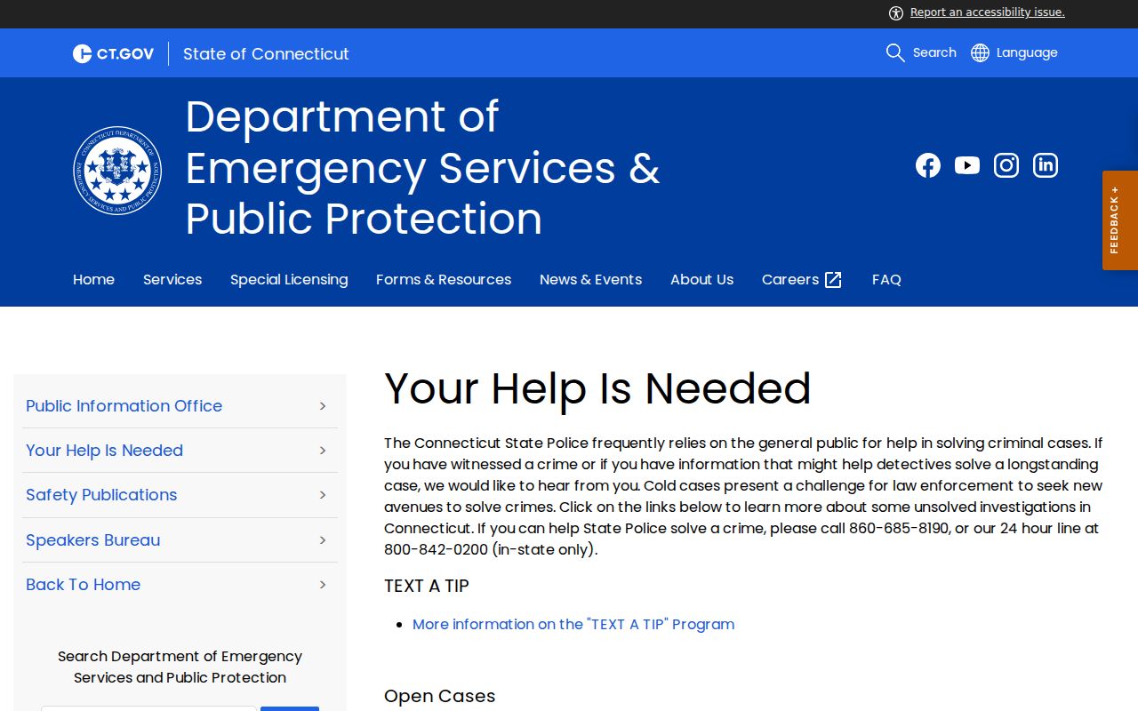 Connecticut State Police official public-help and tip-line page
