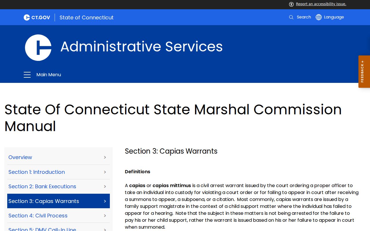 Tolland County warrant records state marshal capias guidance