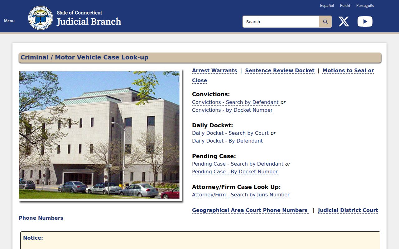Tolland County warrant lookup choices on the Connecticut Judicial Branch site